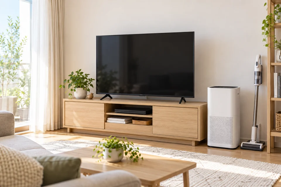テレビと空気清浄機、掃除機のある明るいリビング